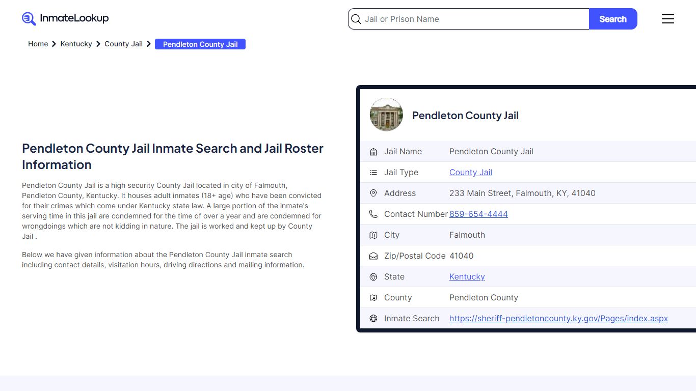 Pendleton County Jail Inmate Search - Falmouth Kentucky - Inmate Lookup